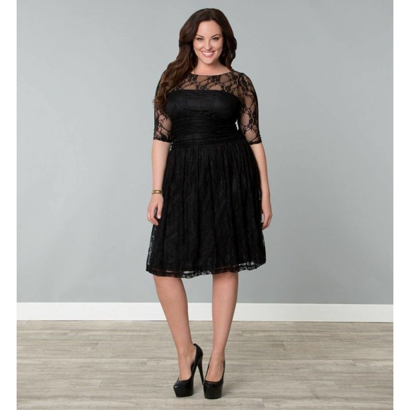 Kiyonna Womens Dress Black Lace Luna Style Party Cocktail Illusion Yoke 1X LBD - Picture 12 of 12